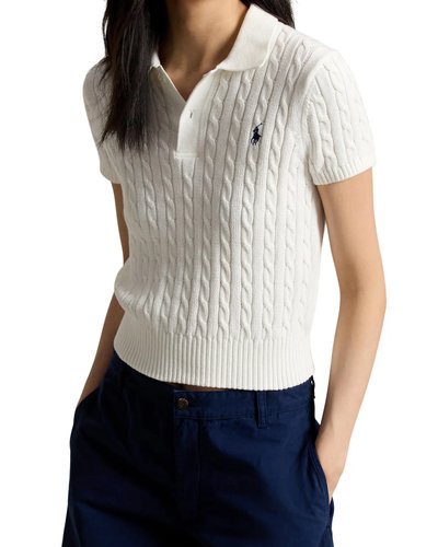 Elfenbeinfarbenes Poloshirt mit Zopfmuster