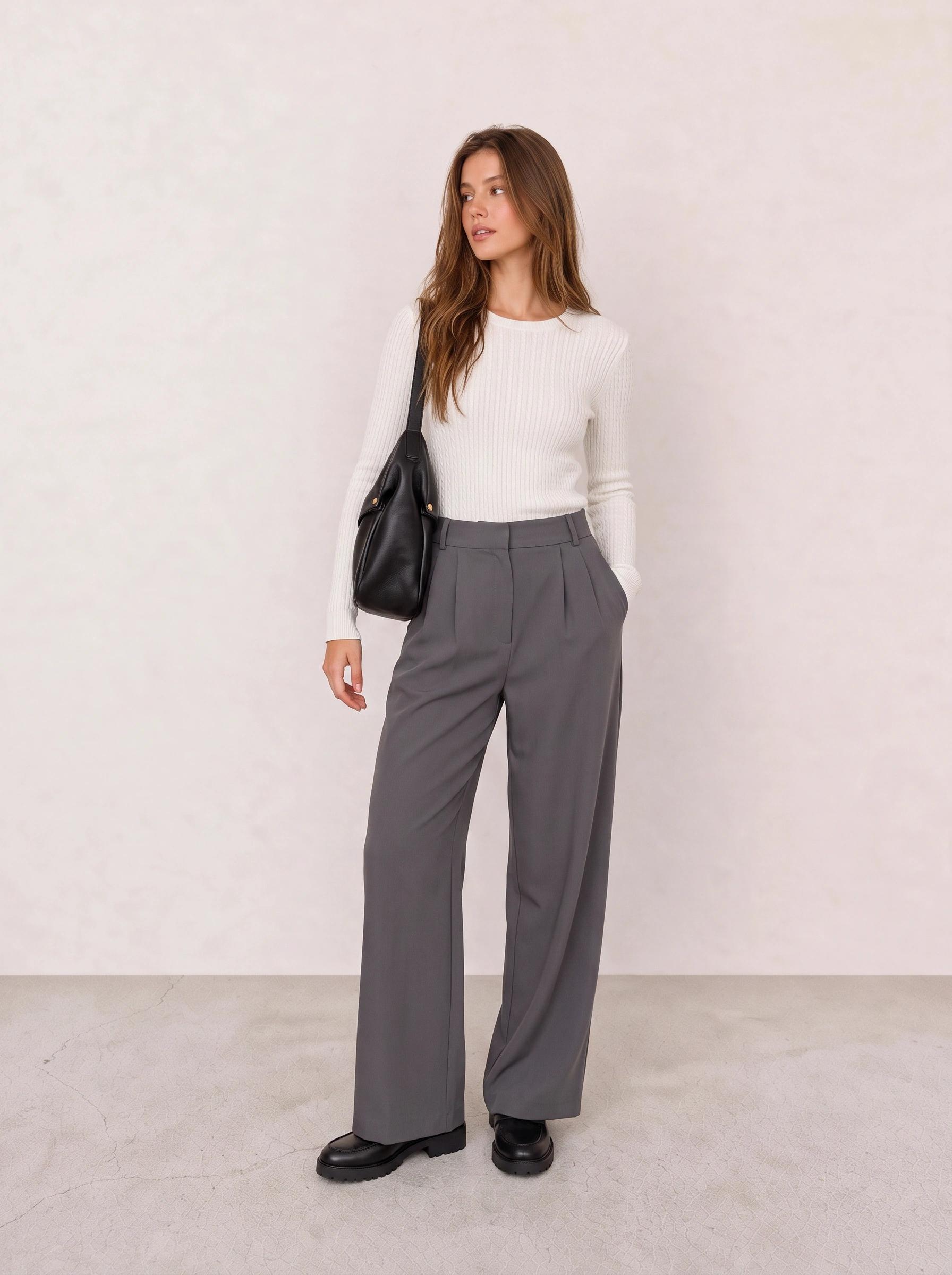 Ivory Ribbed Knit Sweater & Charcoal Wide-Leg Trousers