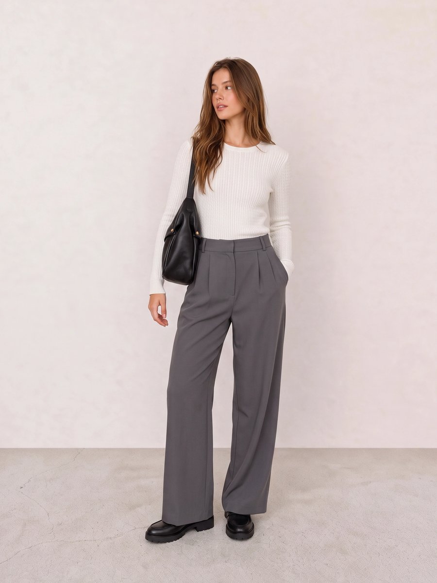 Old money look with ivory ribbed knit sweater & charcoal wide-leg trousers and black chunky loafers