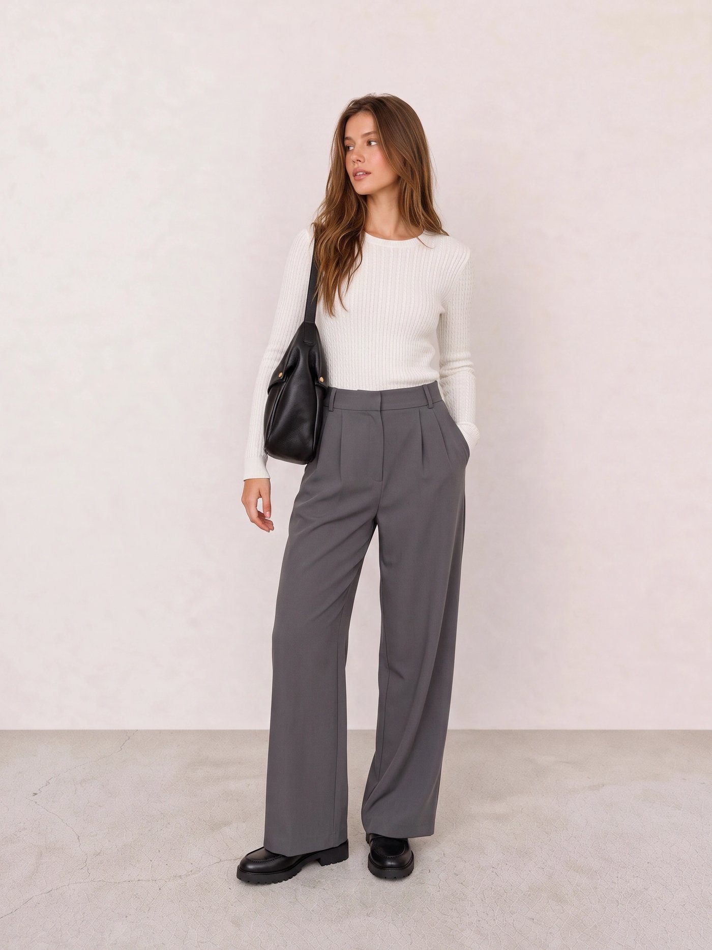 Ivory Ribbed Knit Sweater & Charcoal Wide-Leg Trousers