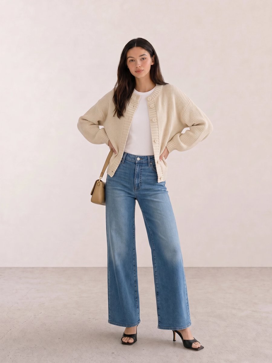 Clean girl outfit with a cream ribbed cardigan, light wash wide-leg jeans, and black heeled sandals