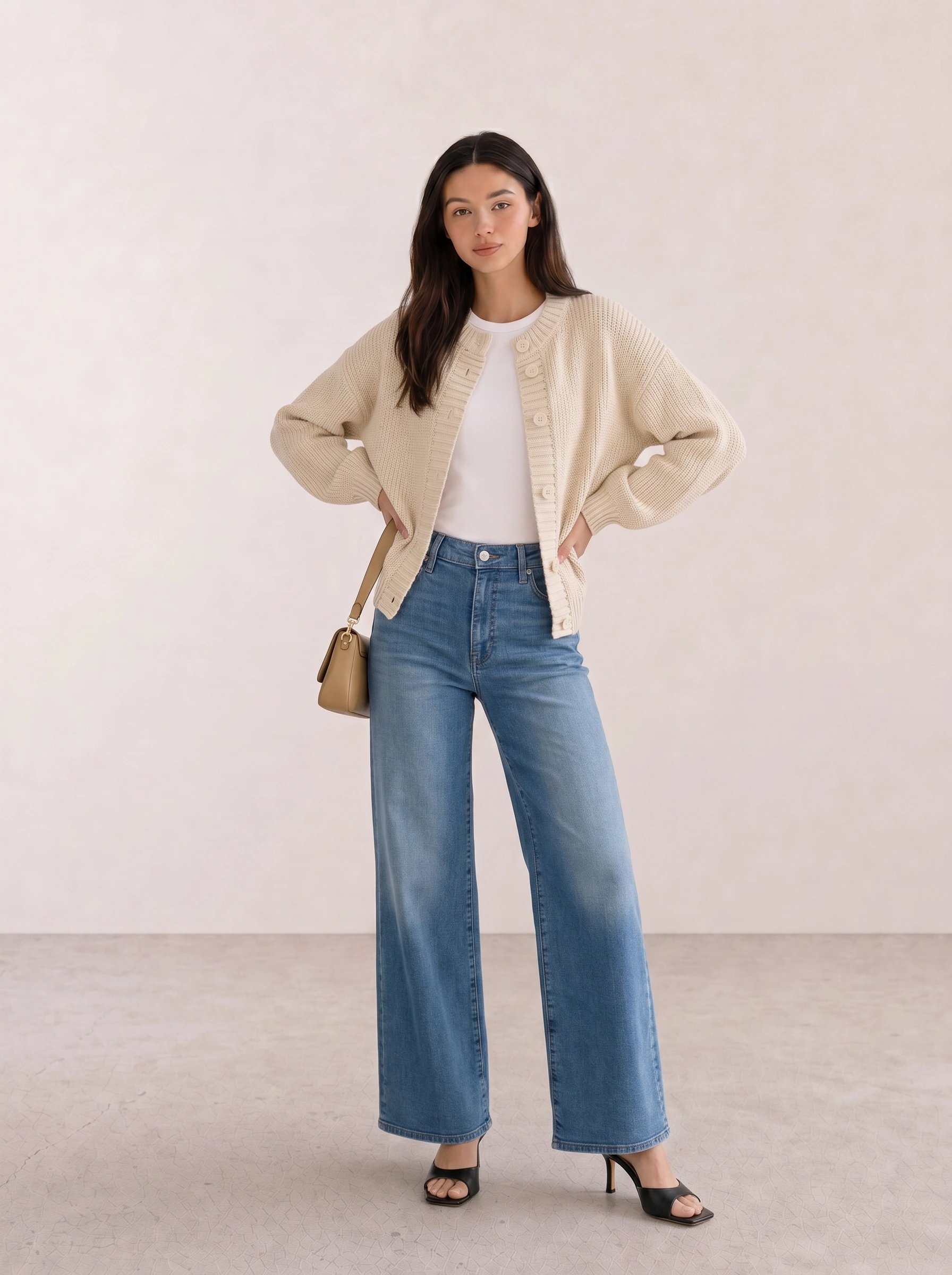 Cream Cardigan & Light Wash Wide-Leg Jeans