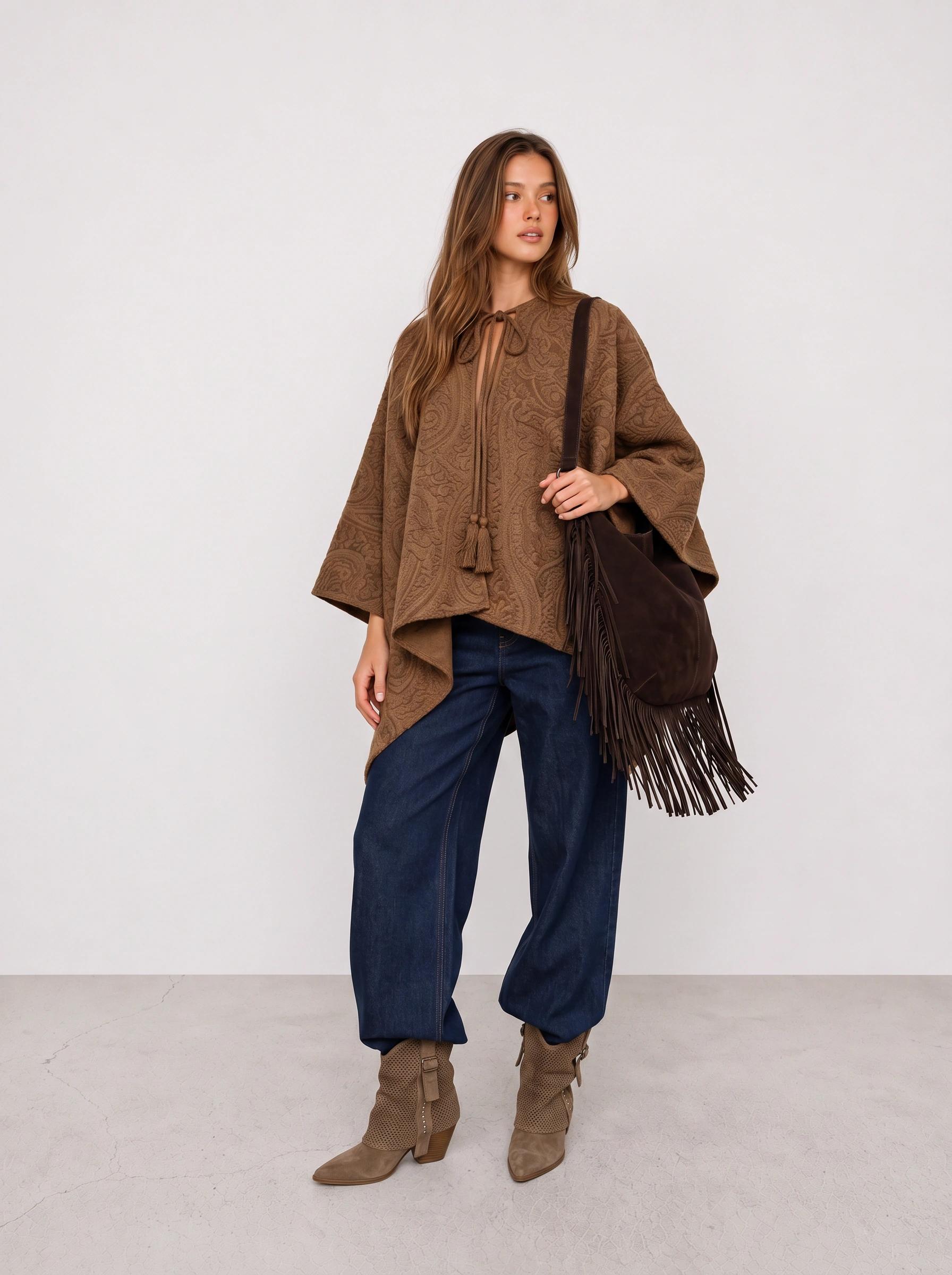 Brauner Poncho mit marineblauer Hose im Western-Look