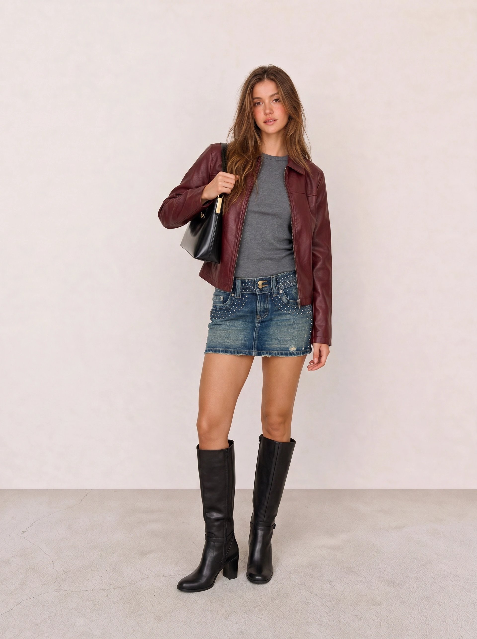 Burgundy Leather Jacket & Studded Denim Mini Skirt