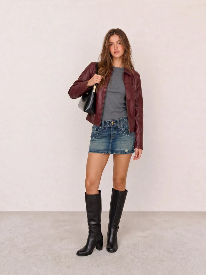 Burgundy Leather Jacket & Studded Denim Mini Skirt