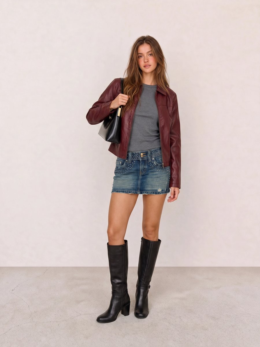 Winter outfit with a burgundy leather jacket, studded denim mini skirt, and black knee-high boots