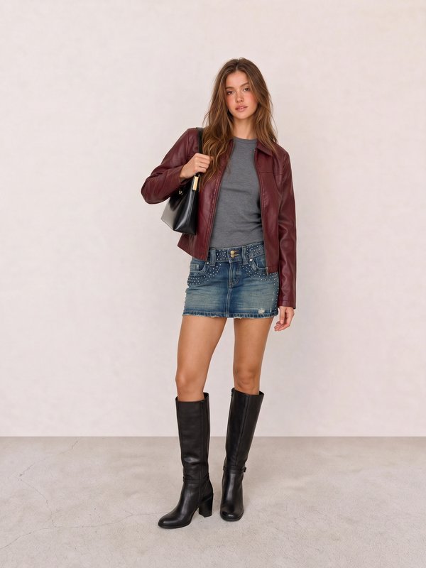 Burgundy Leather Jacket & Studded Denim Mini Skirt
