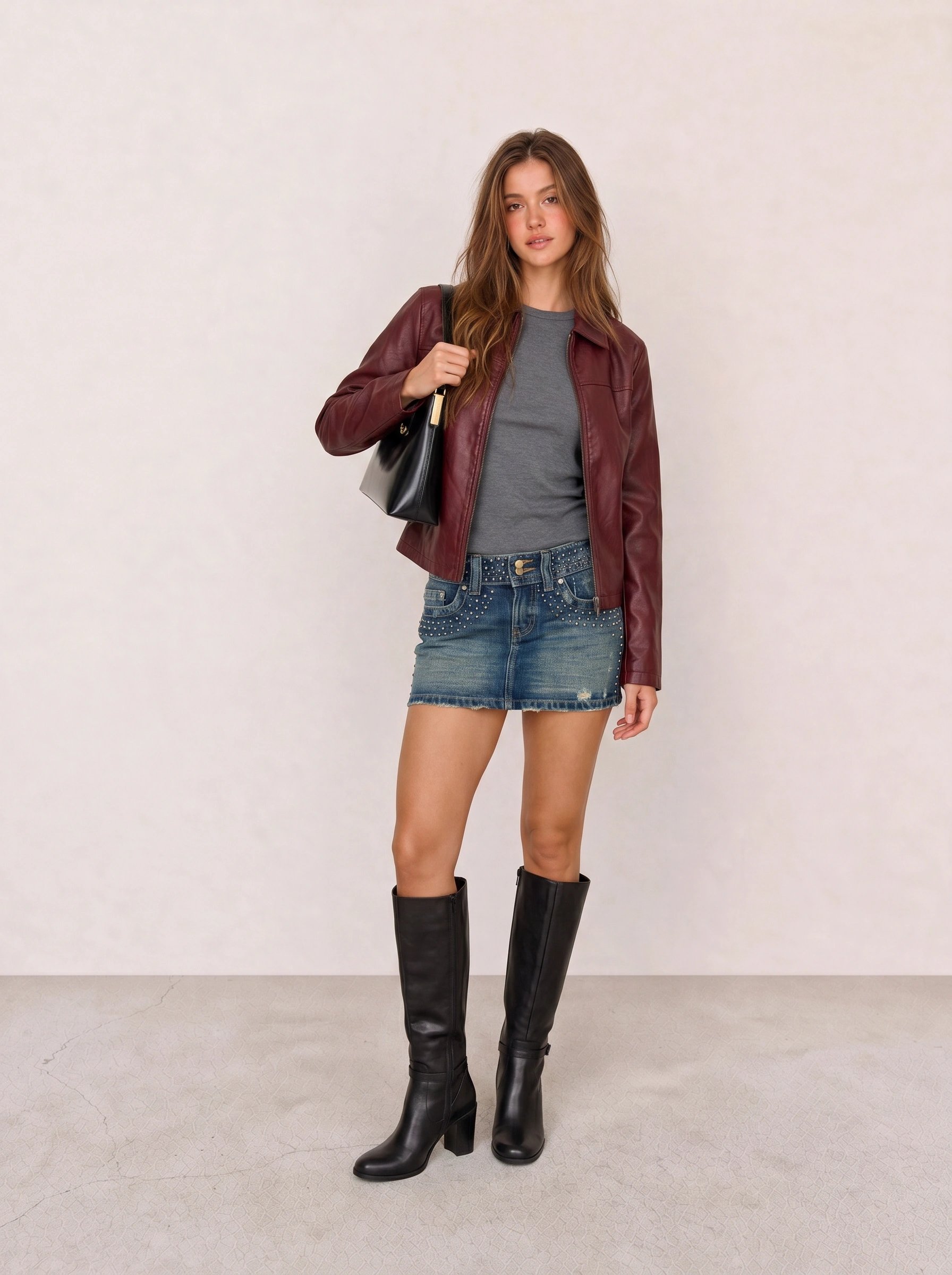 Burgundy Leather Jacket & Studded Denim Mini Skirt