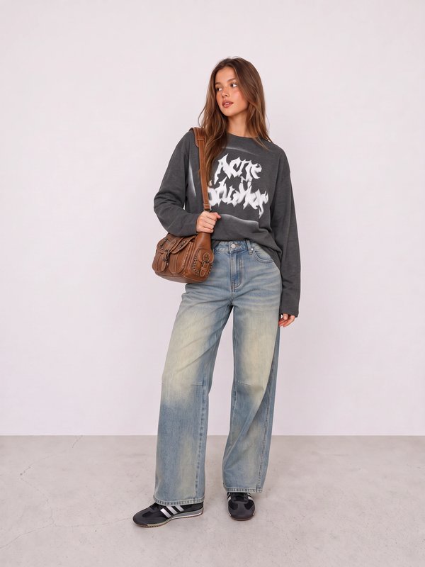 Charcoal Graphic Tee and Wide-Leg Jeans Outfit