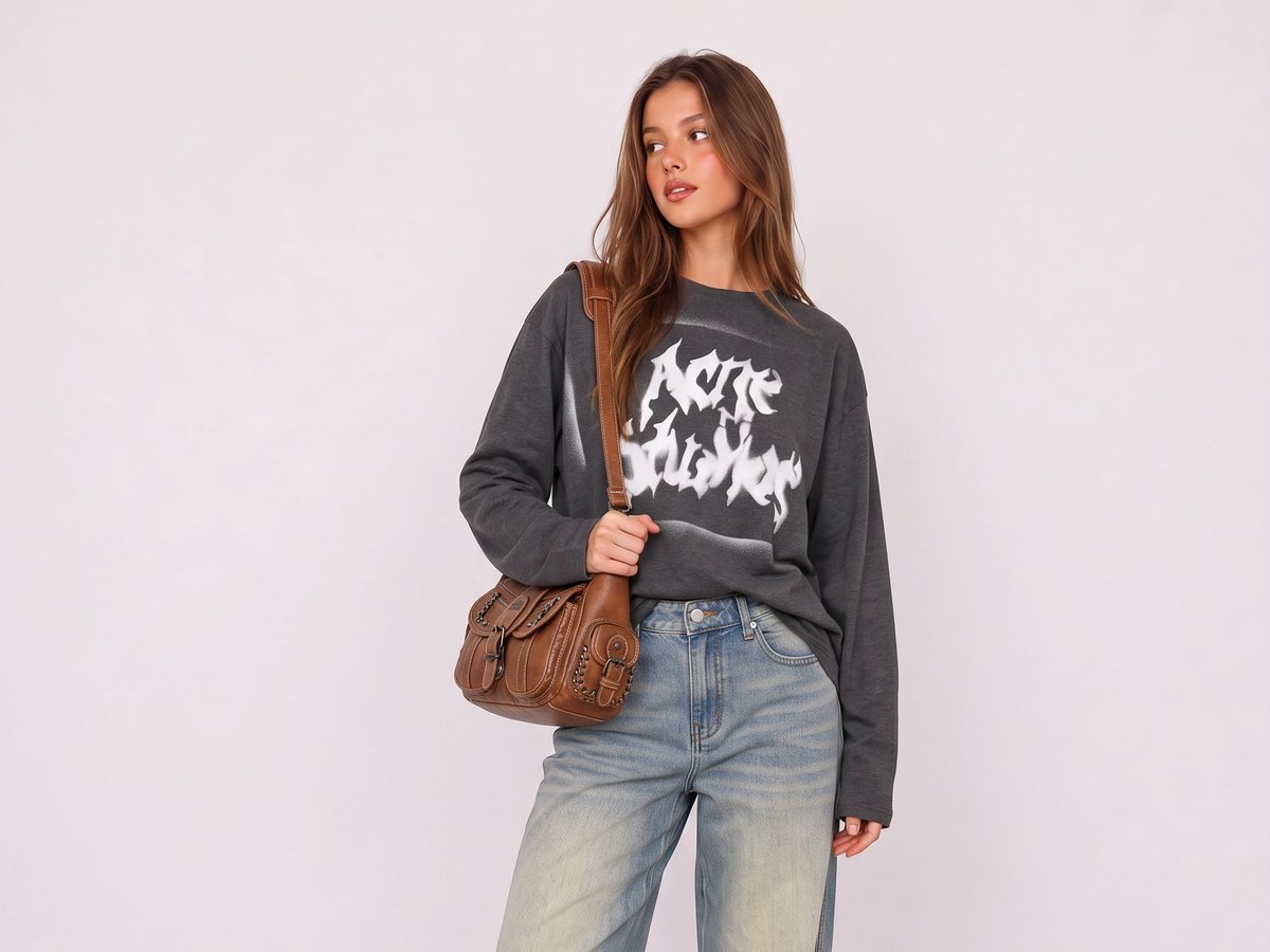 Anthrazitfarbenes Graphic-Shirt und Wide-Leg-Jeans Outfit