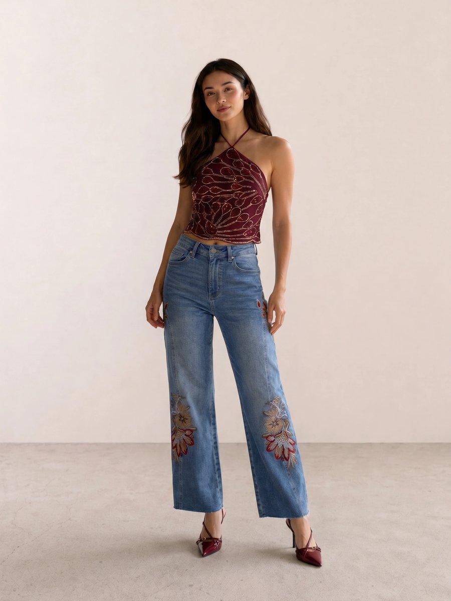 Retro glam outfit with burgundy sequin halter top, floral embroidered wide-leg jeans, and slingback heels