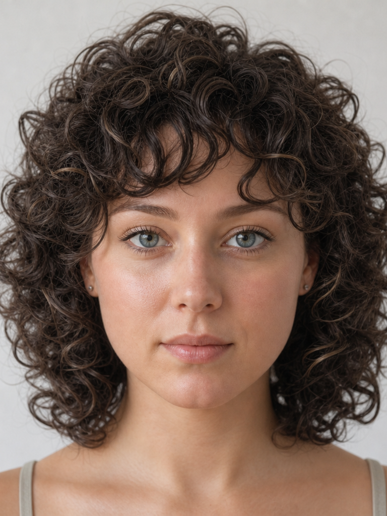 Curly shag haircut with bangs on a woman with a round face shape, front view