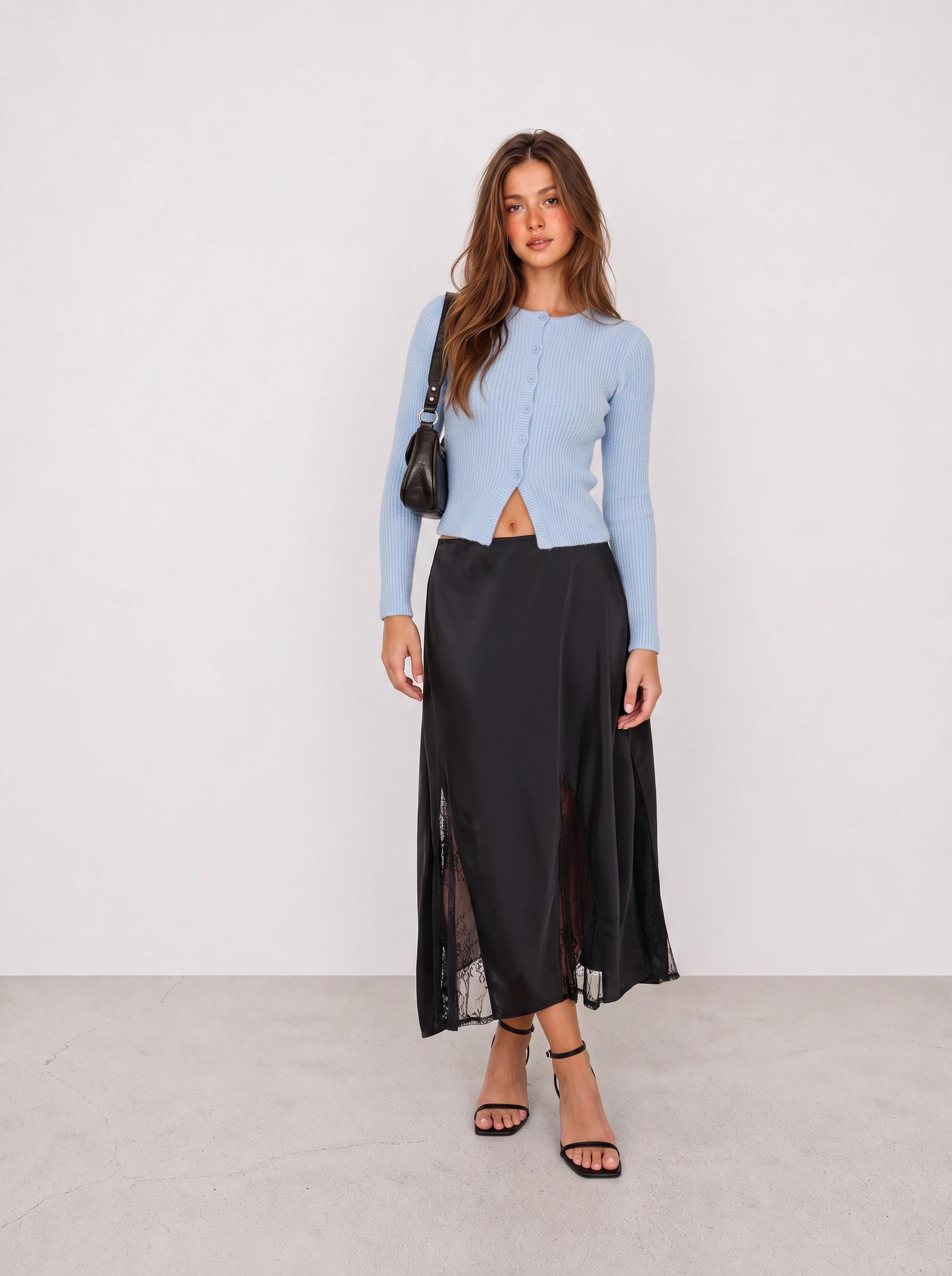 Blue Knit Cardigan and Black Maxi Skirt Outfit