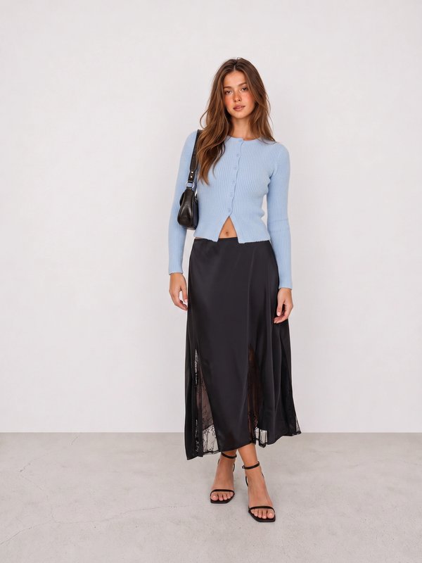 Blue Knit Cardigan and Black Maxi Skirt Outfit