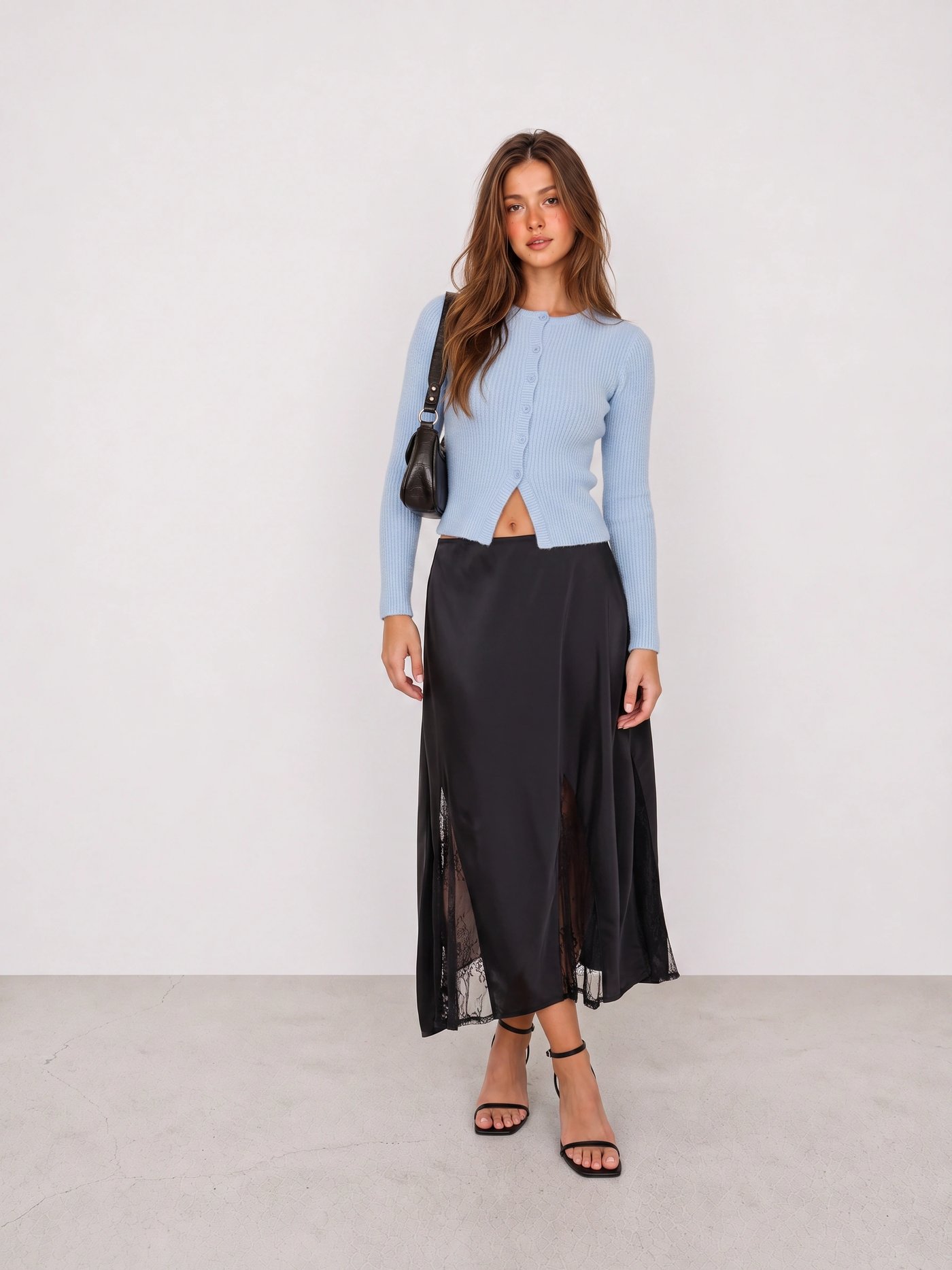 Blue Knit Cardigan and Black Maxi Skirt Outfit