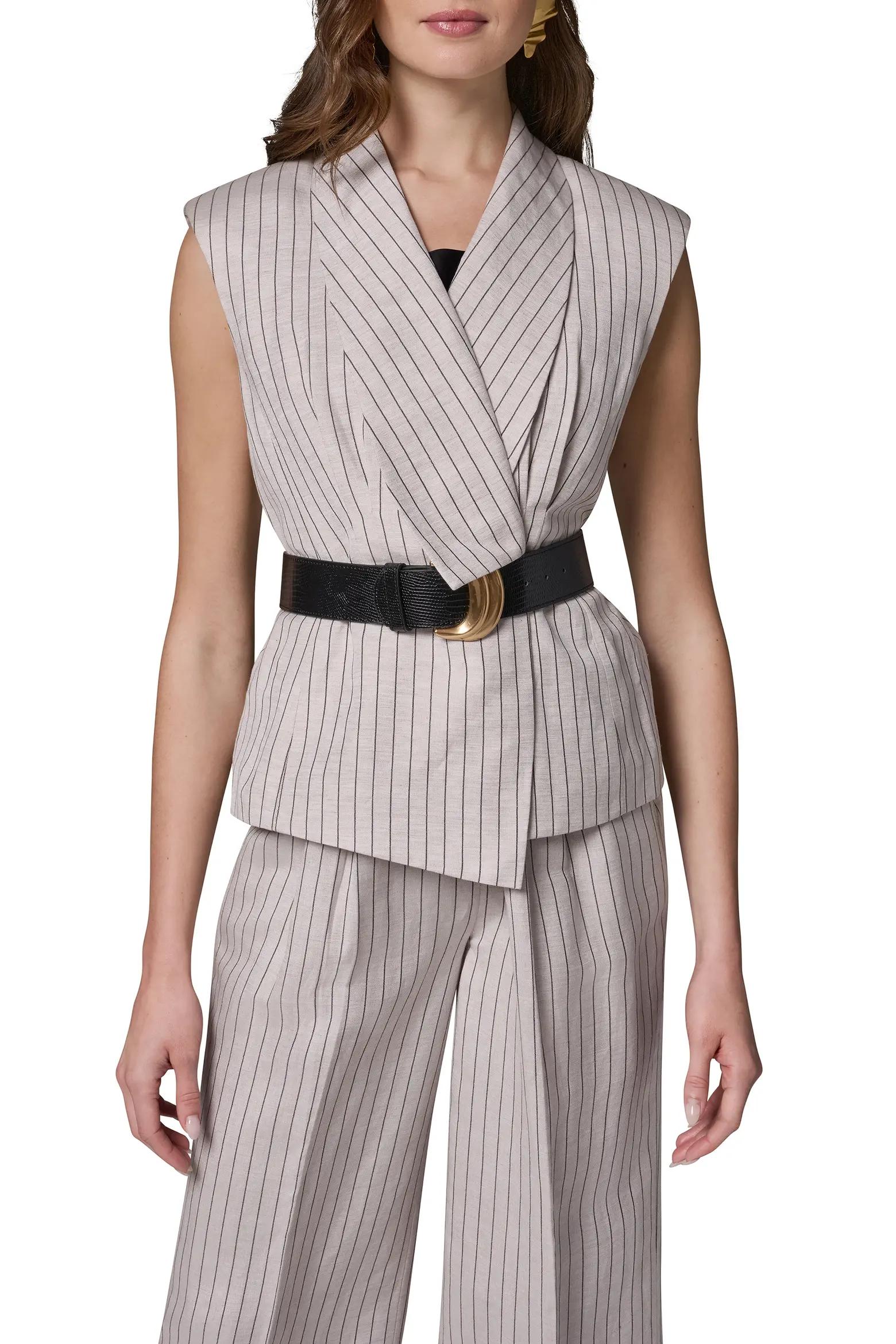 Taupe Striped Belted Vest