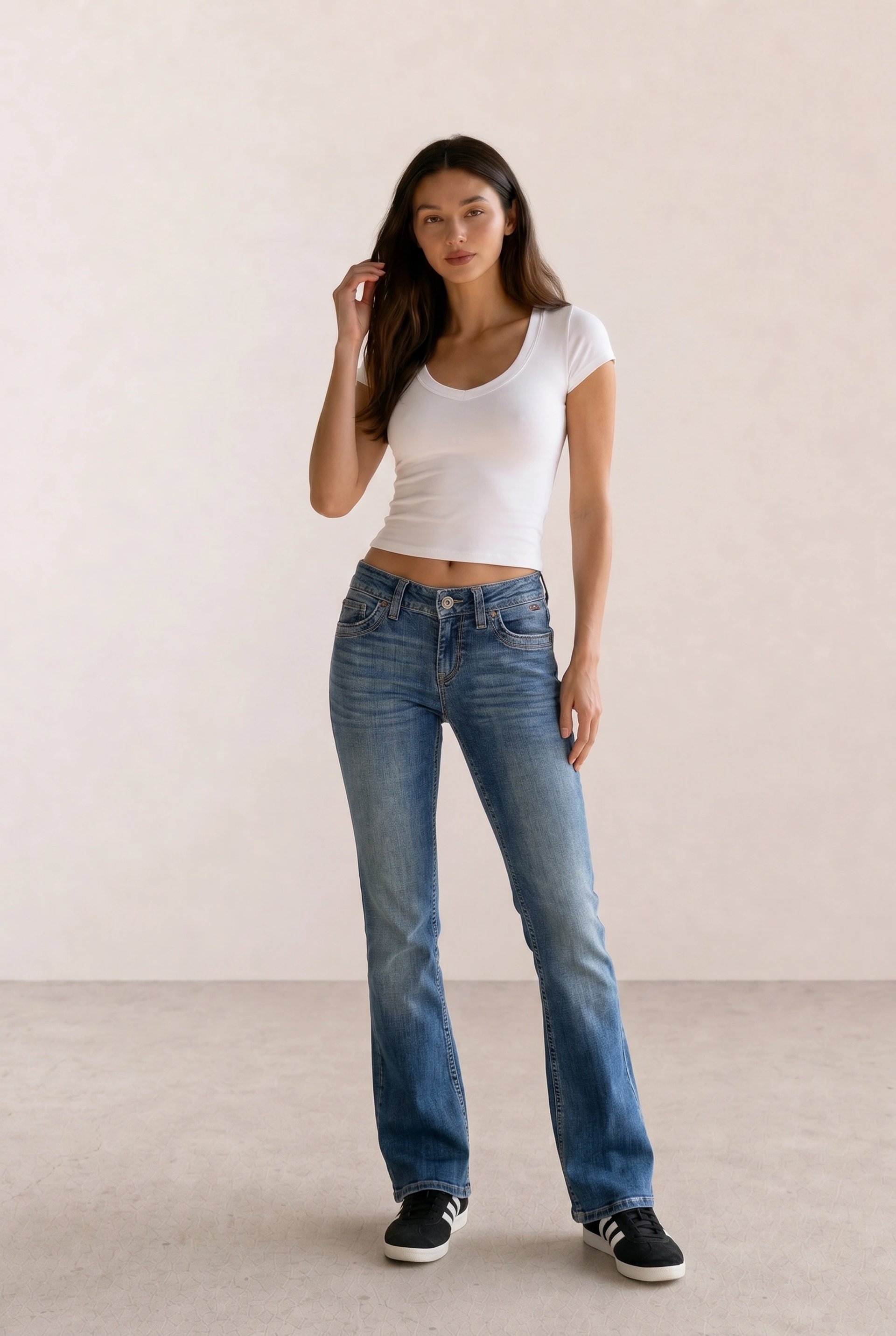 White V-Neck Tee & Blue Bootcut Jeans