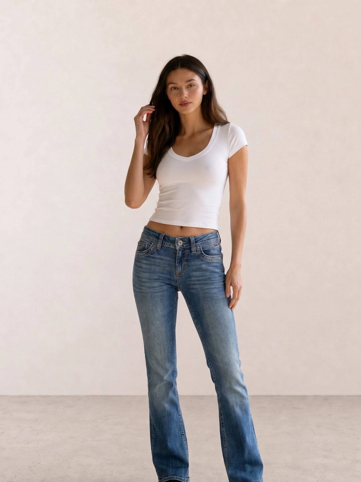 White V-Neck Tee & Blue Bootcut Jeans