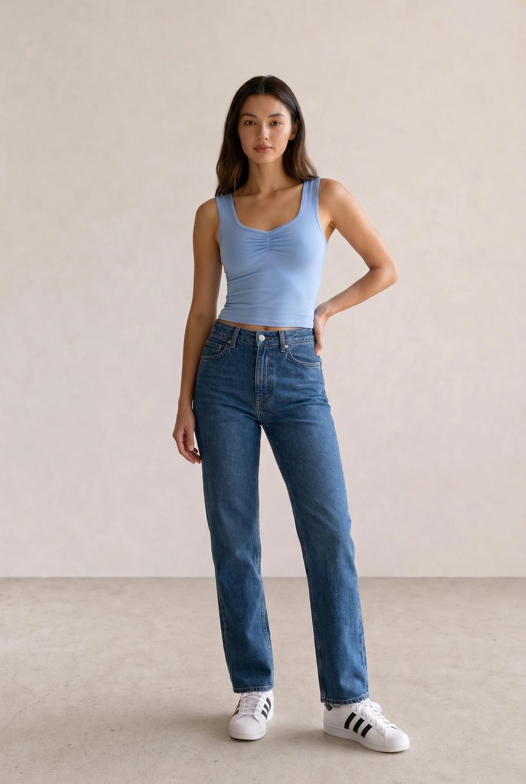 Light Blue Ruched Tank & Blue Straight Jeans