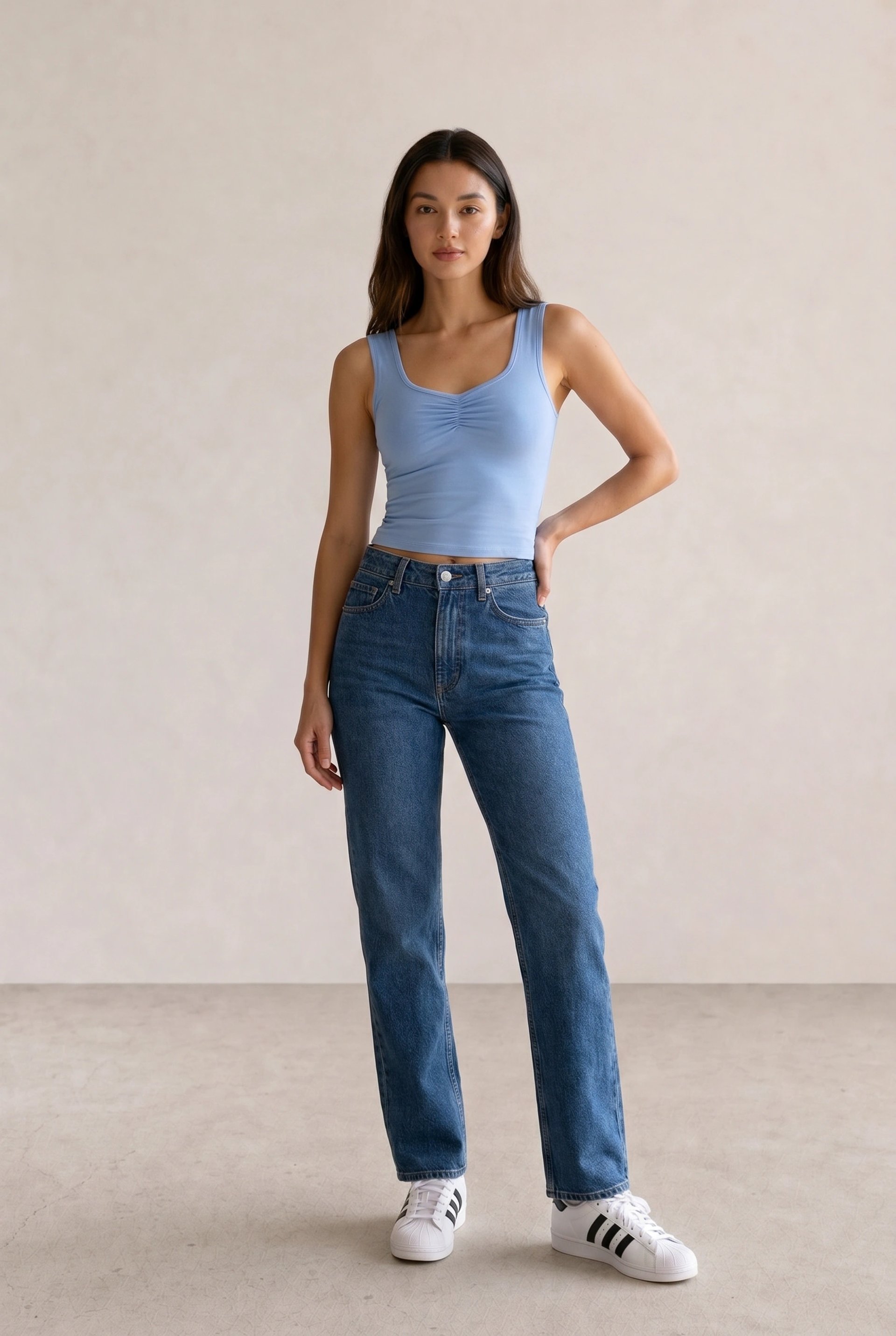 Light Blue Ruched Tank & Blue Straight Jeans