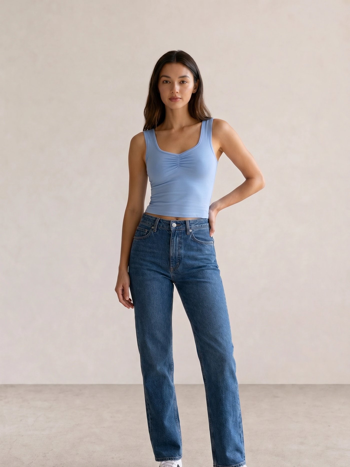 Light Blue Ruched Tank & Blue Straight Jeans