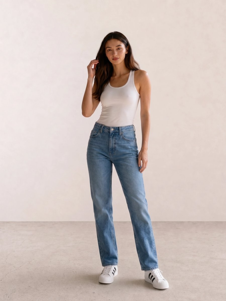 Basic casual outfit with a white notch-neck crop tee, blue straight jeans, and white Adidas Superstar sneakers