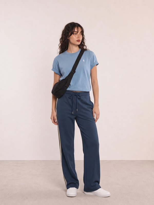 Blue Tee and Navy Track Pants Athleisure Outfit