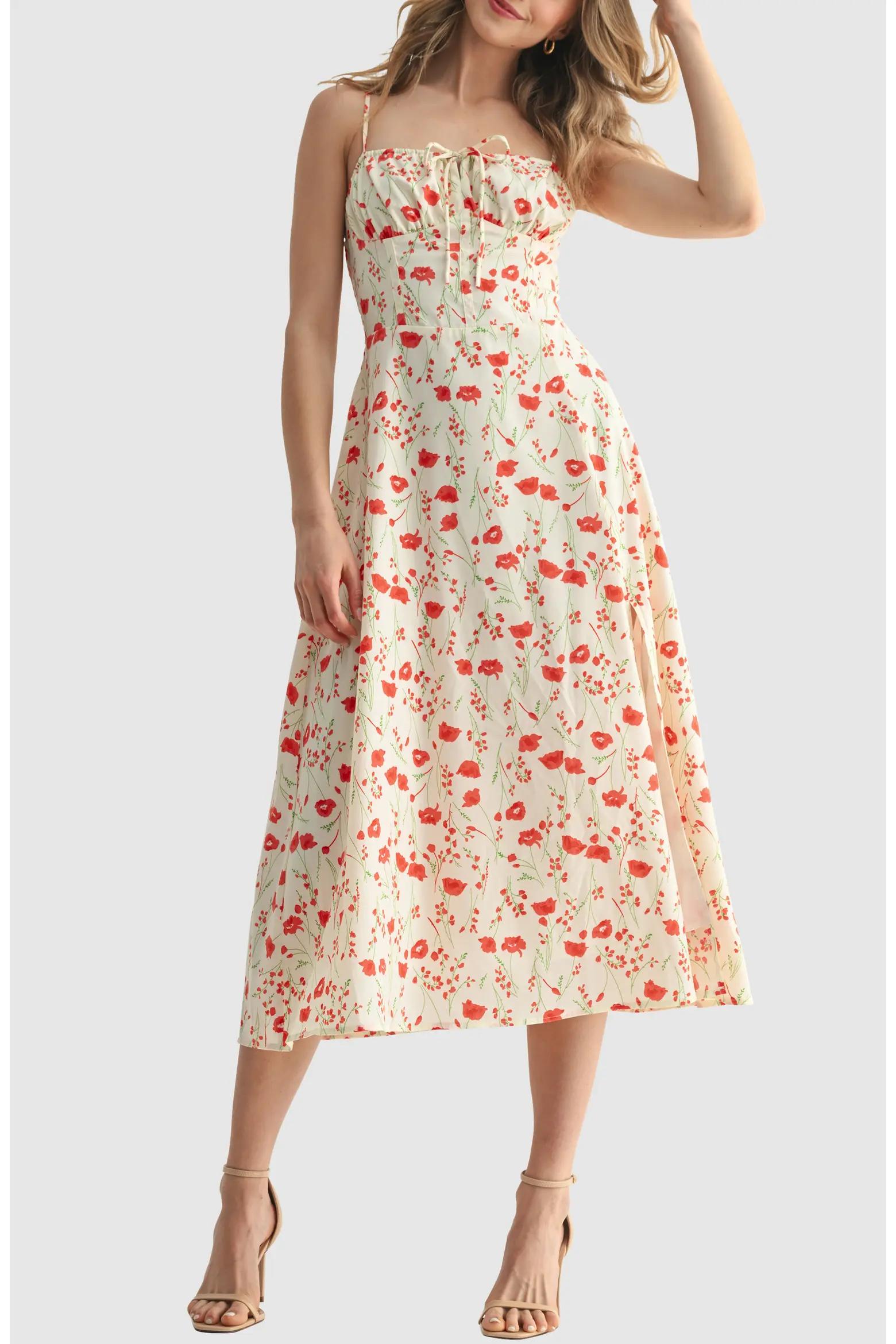 Cream Red-Floral Midi Dress