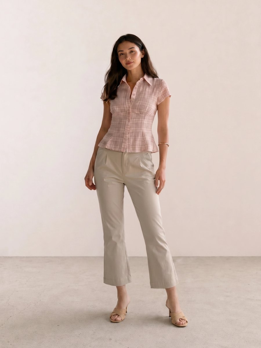 Retro vintage outfit with pink plaid polo crop top, beige wide-leg trousers, and kitten heel mules