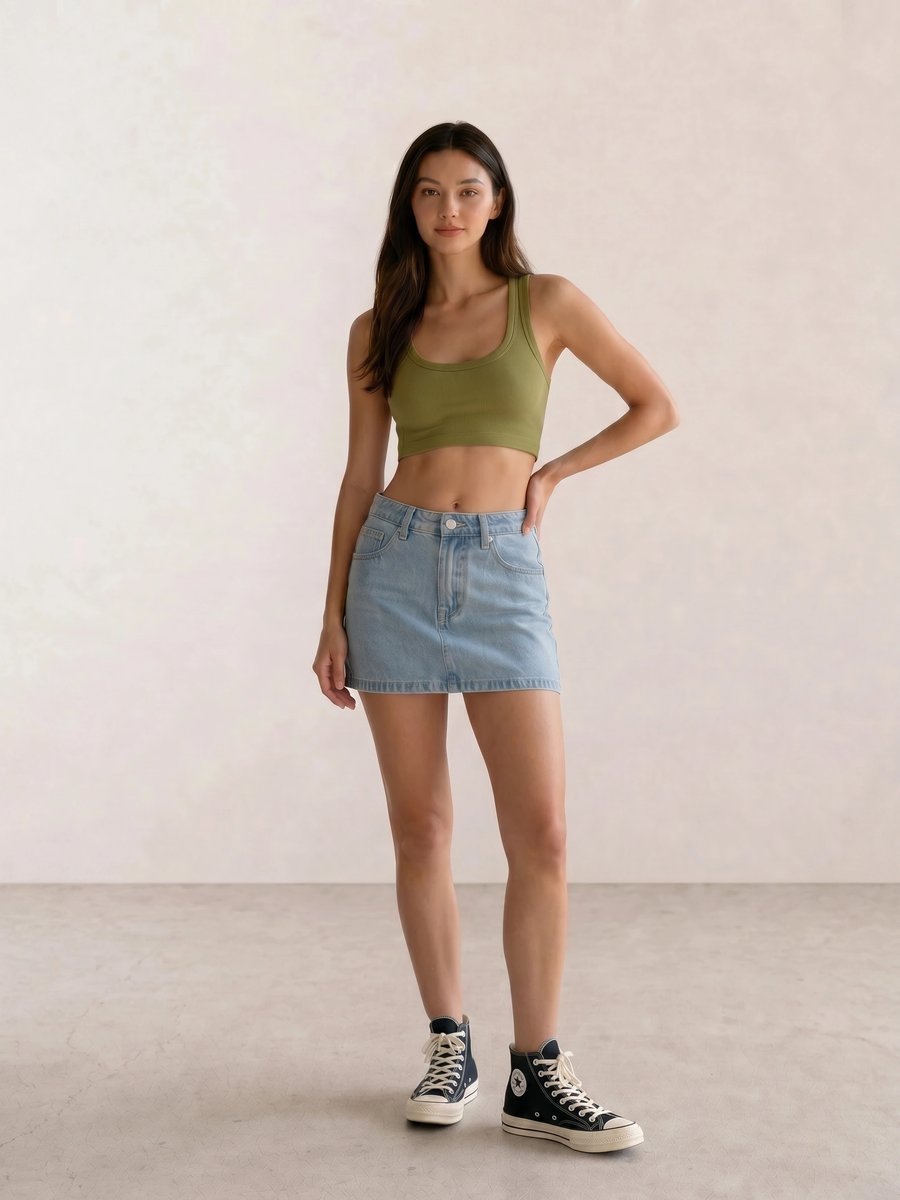 Basic casual outfit with an olive crop tank, denim mini skirt, and black Converse high-tops