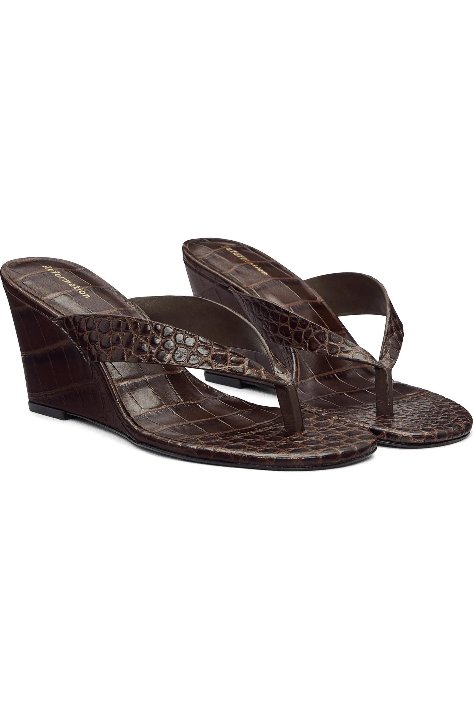 Brown Croc Wedge Flip-Flops