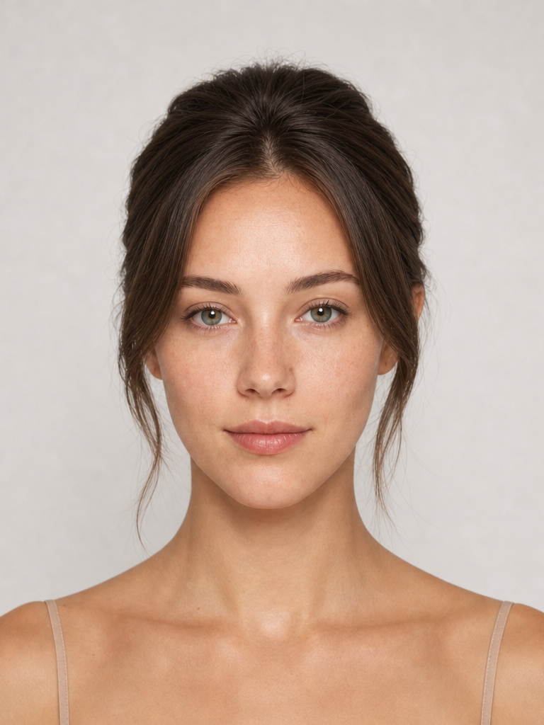 Woman with a loose high bun hairstyle, front view, flattering an oval face shape