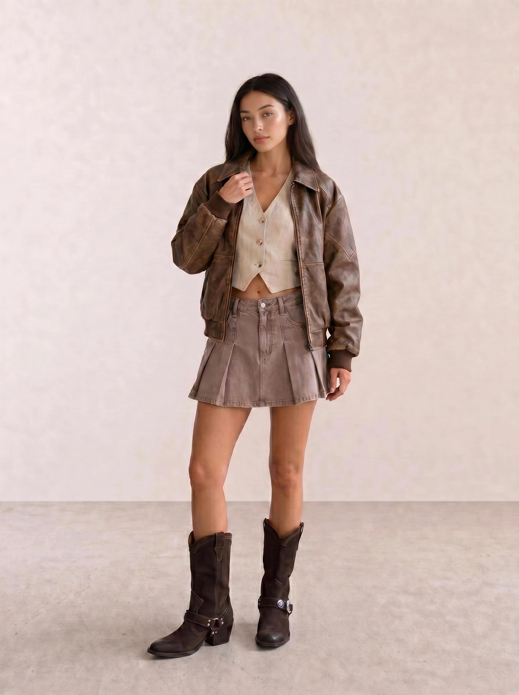 Leather Bomber & Linen Vest with Pleated Mini Skirt