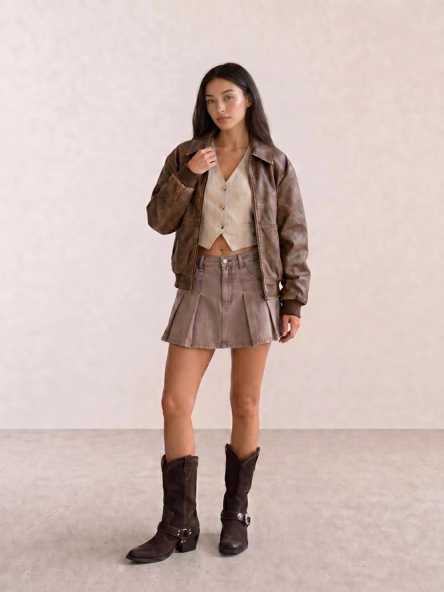 Autumn western outfit with a brown leather bomber jacket, cream linen vest, pleated mini skirt, and buckle ankle boots