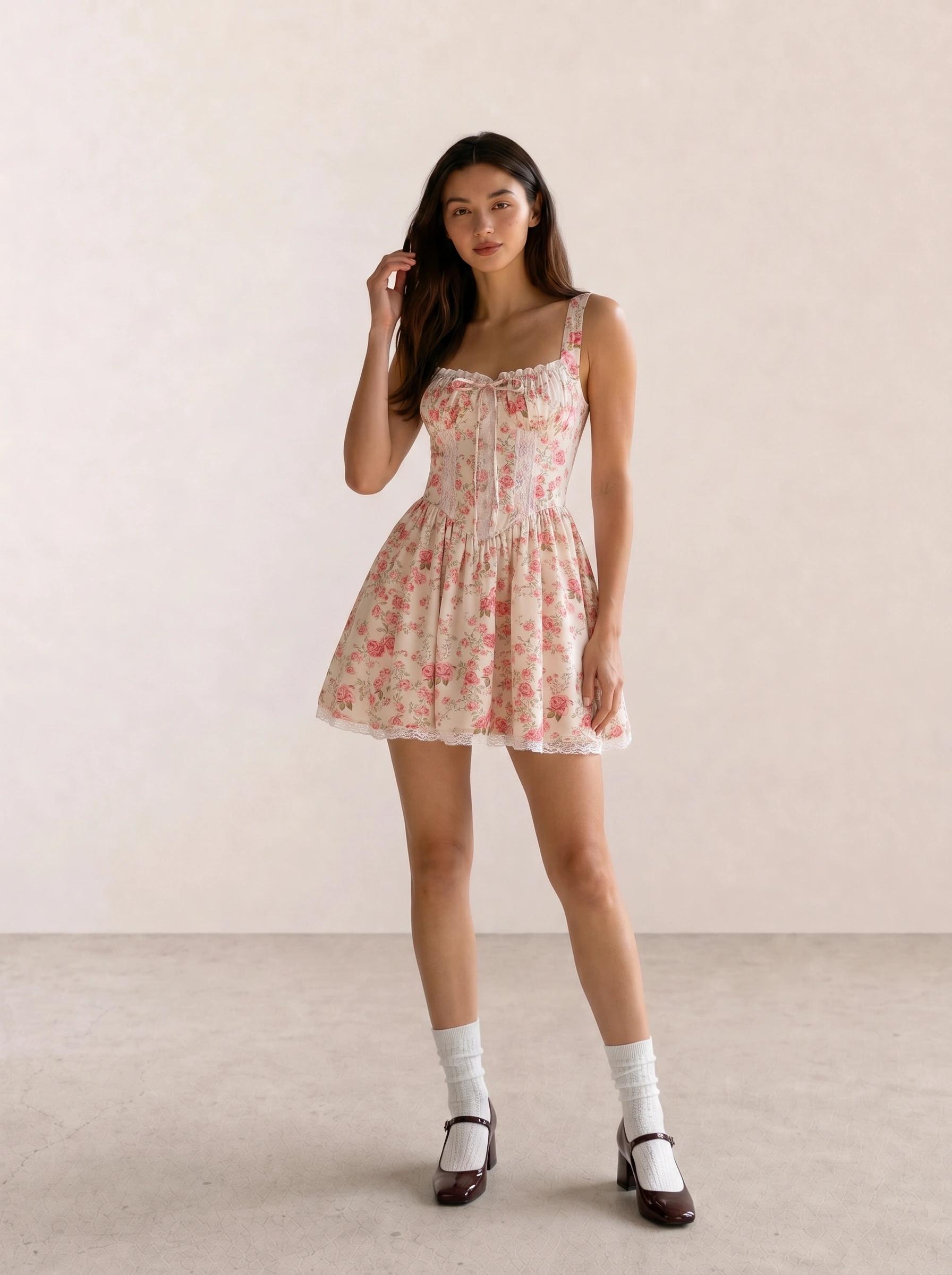 Cottagecore Rose Floral Mini Dress