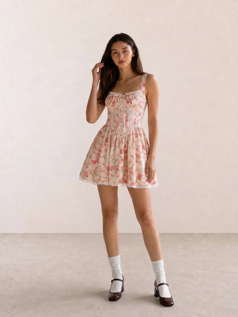 Pink rose floral corset mini dress with wine Mary Jane heels and white socks