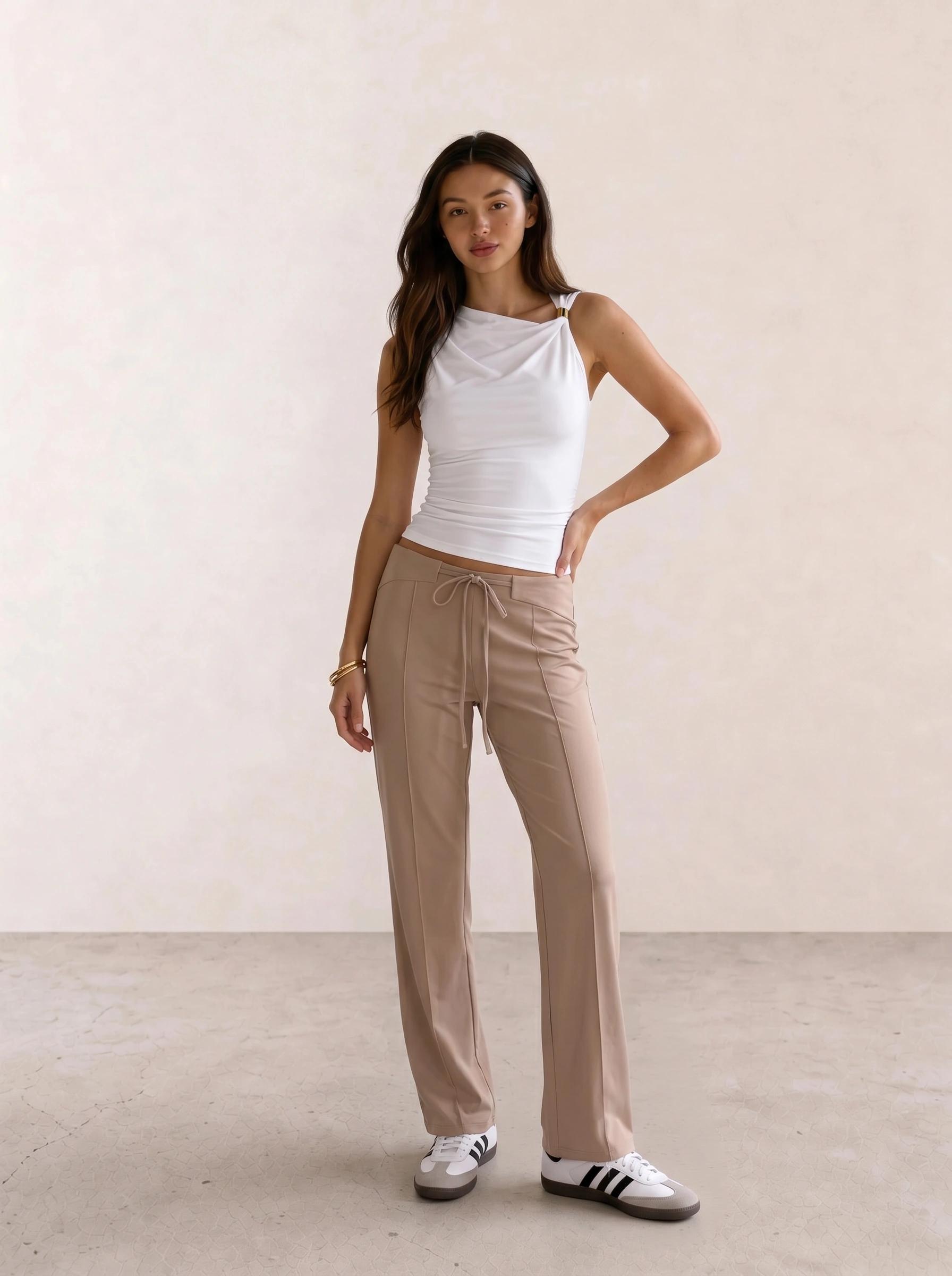 White Draped Tank & Beige Drawstring Trousers
