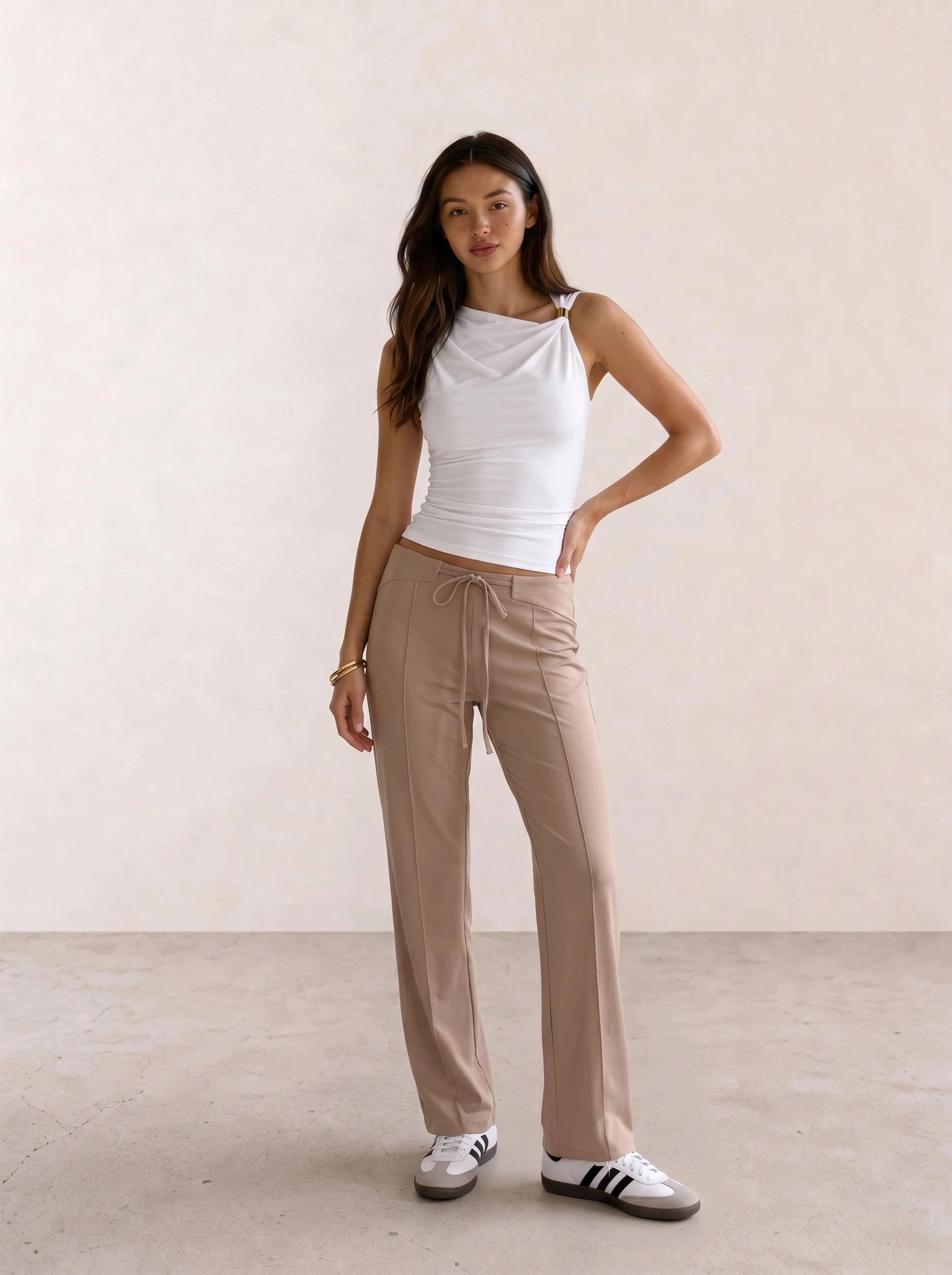 White Draped Tank & Beige Drawstring Trousers