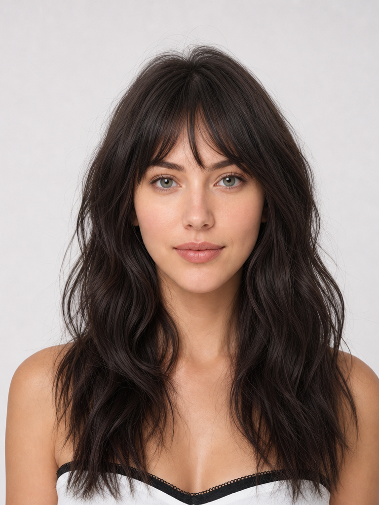 Woman with long wavy layered shag hair and full bangs, front view
