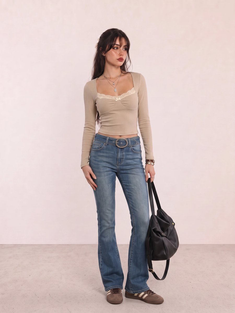 Student wearing a beige lace-trim top, blue bootcut jeans, brown sneakers, and a black bag