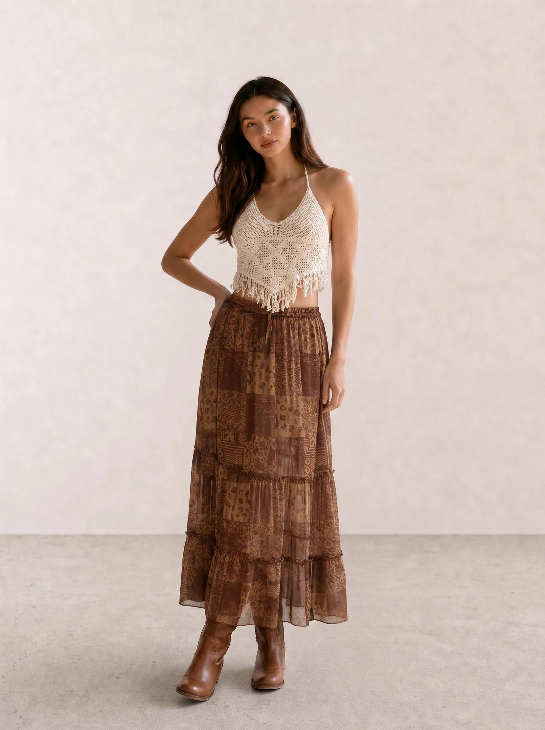 Crochet Fringe Top & Patchwork Maxi Skirt