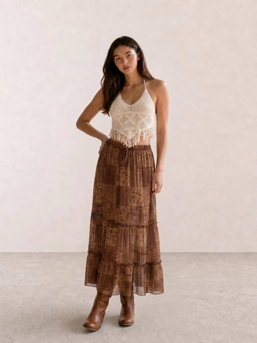 Boho outfit with a cream crochet fringe halter top, brown patchwork maxi skirt, and tan lace-up boots