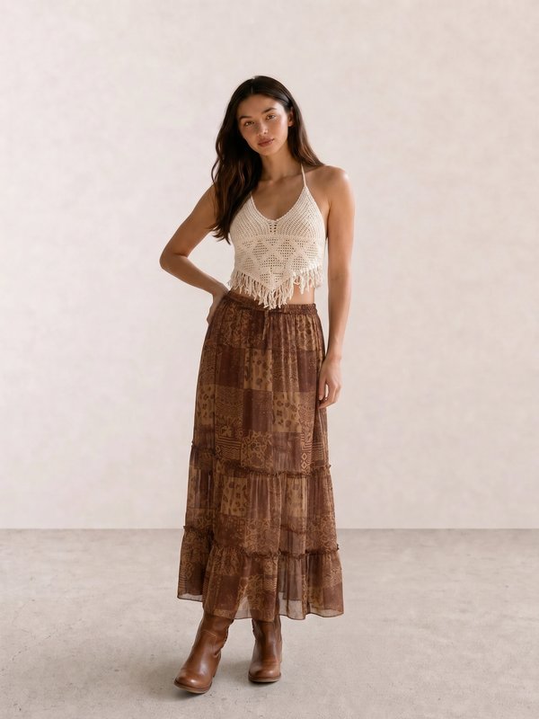 Crochet Fringe Top & Patchwork Maxi Skirt
