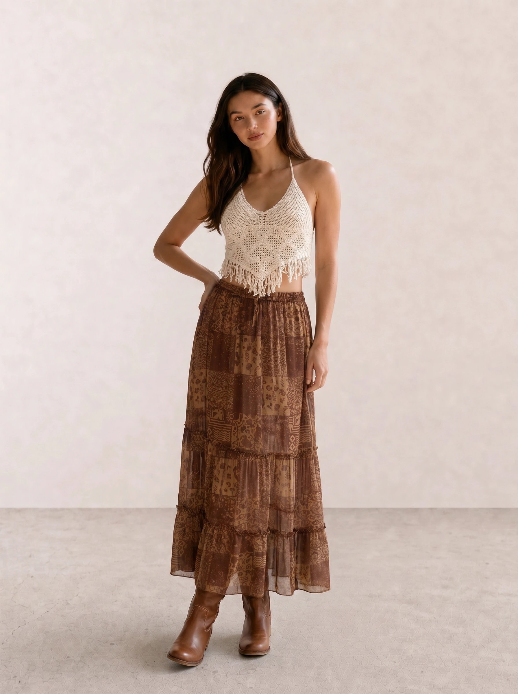 Crochet Fringe Top & Patchwork Maxi Skirt