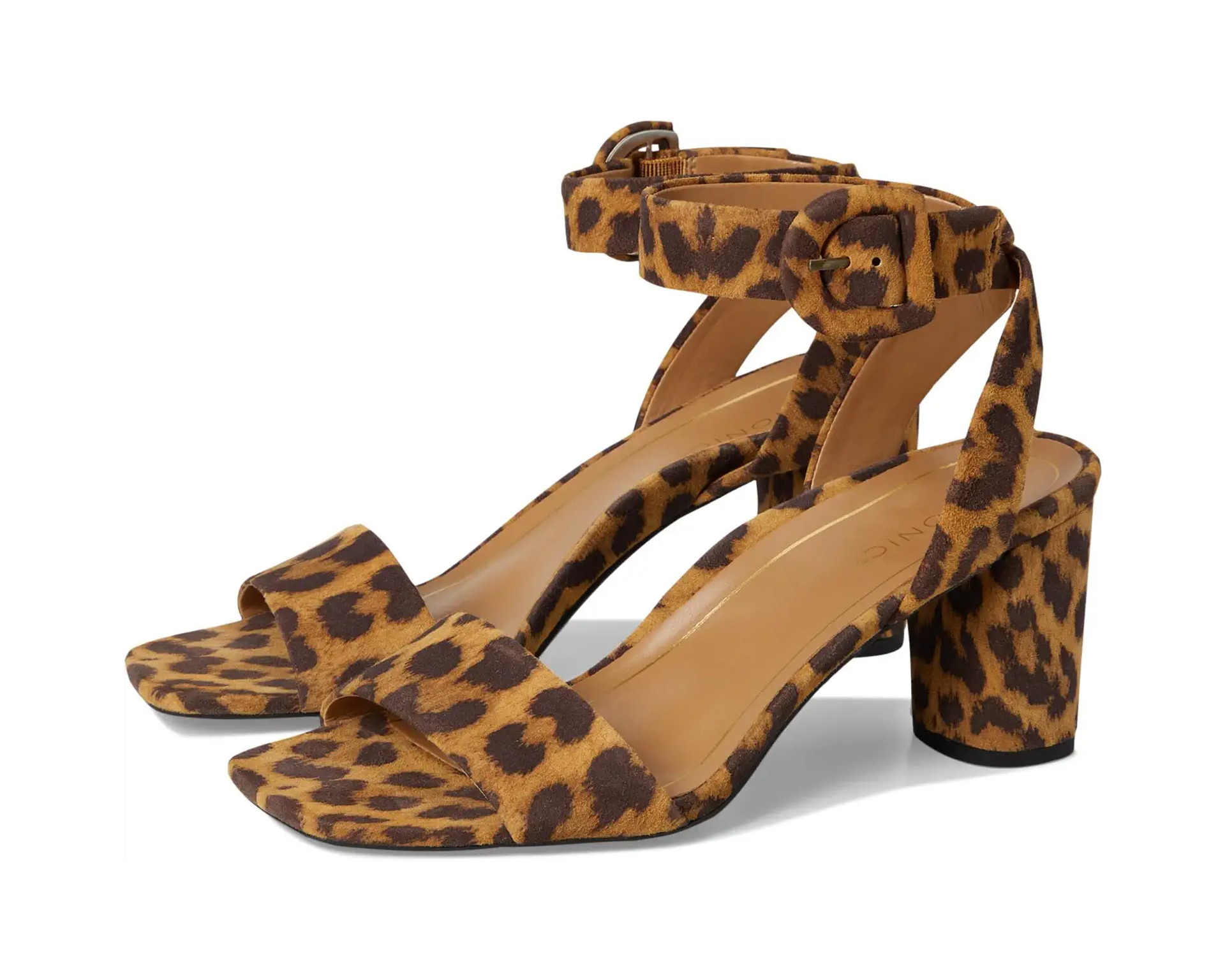Leopard print block-heel pumps styled with a black halter top and brown faux fur cropped jacket