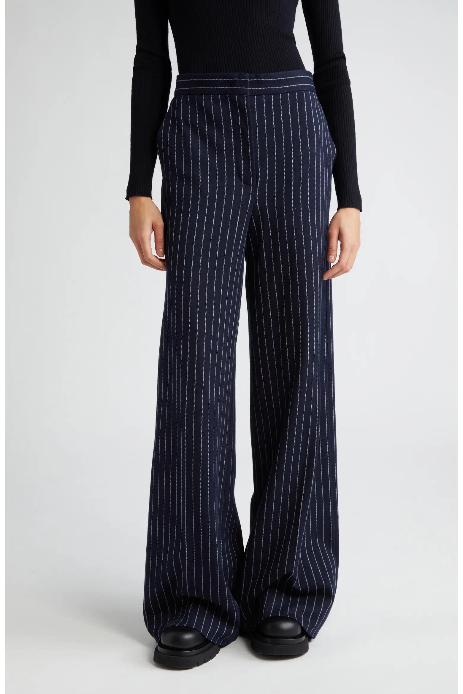 Navy Pinstripe Wide-Leg Trousers