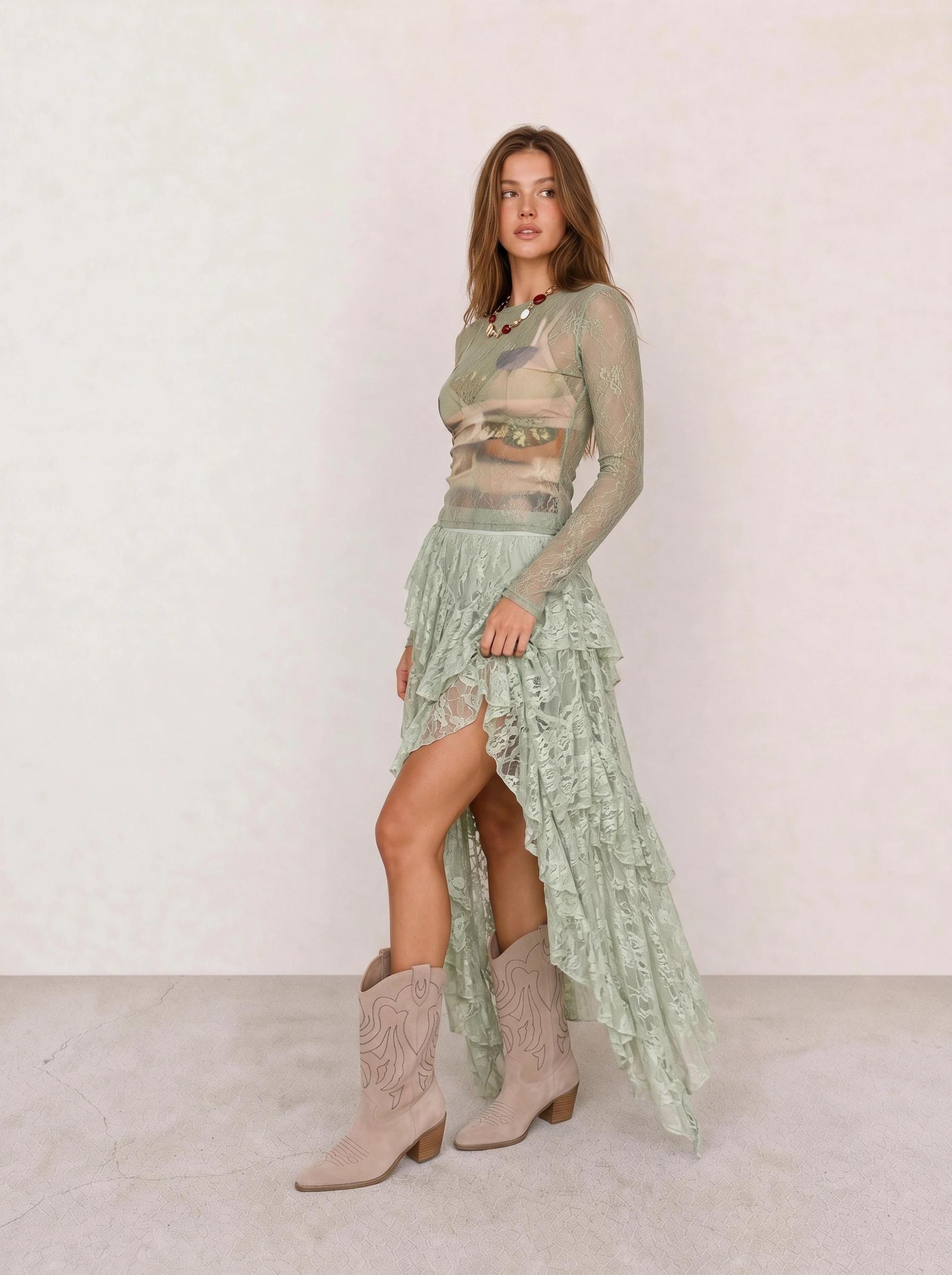 Sage Lace Top & Ruffle Maxi Skirt with Cowboy Boots