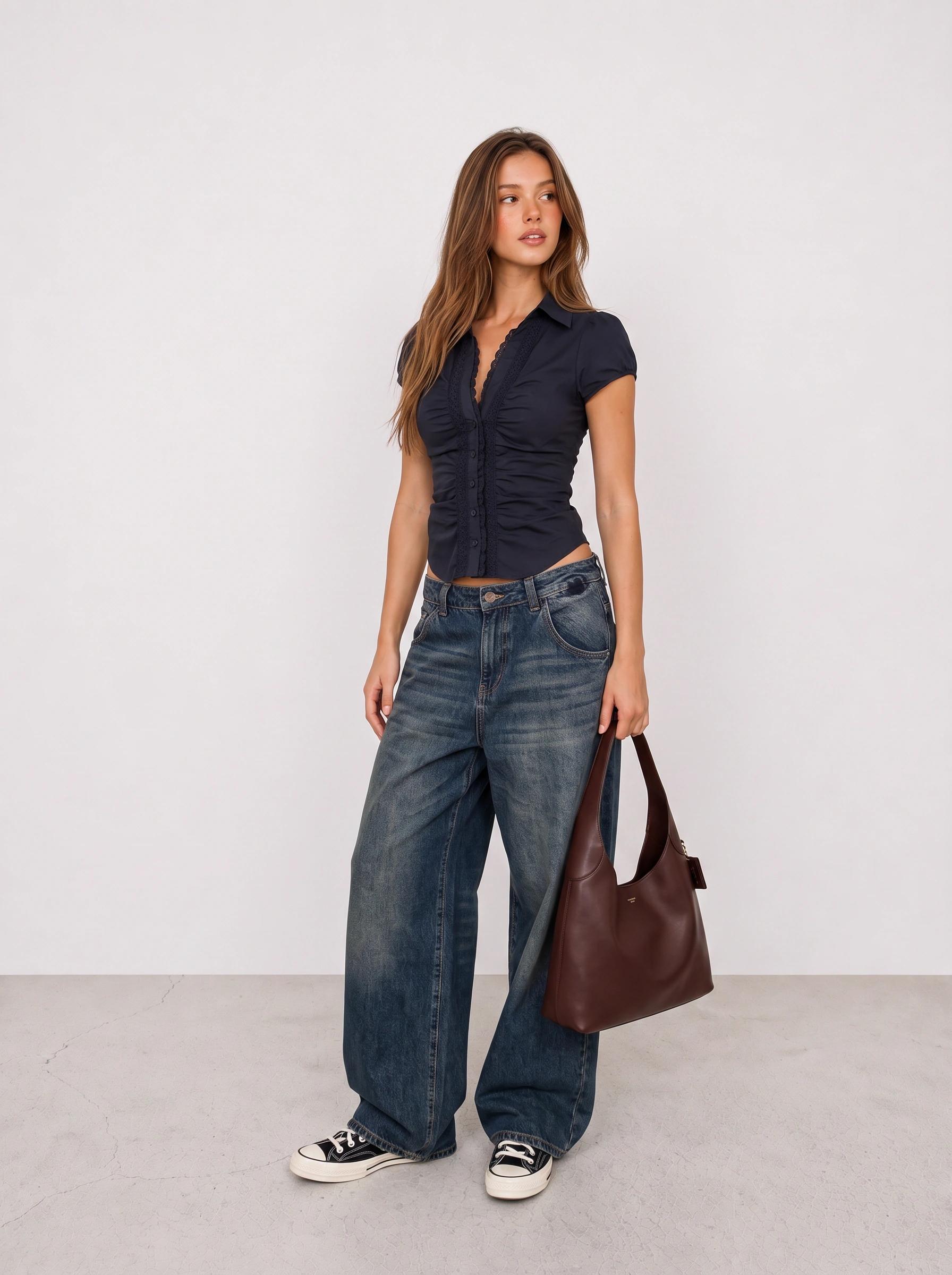 Navy Ruched Top and Dark Wide-Leg Jeans Outfit
