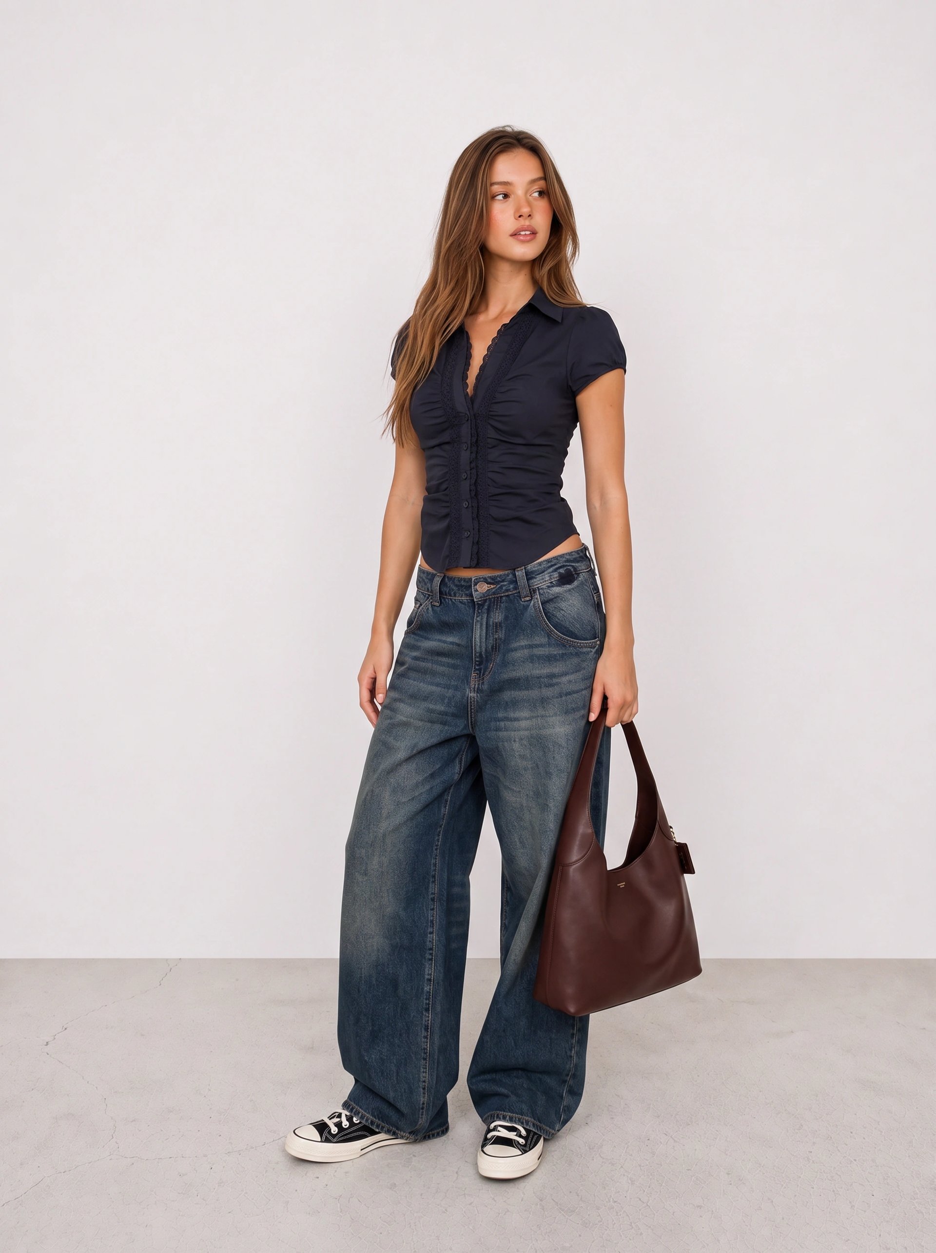 Navy Ruched Top and Dark Wide-Leg Jeans Outfit