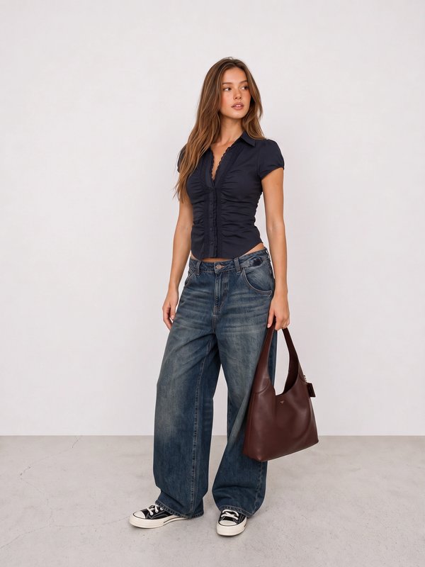 Navy Ruched Top and Dark Wide-Leg Jeans Outfit